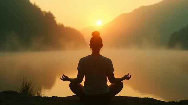 Eine Person meditiert friedlich in der Lotusposition bei Sonnenaufgang an einem See, umgeben von Nebel und einer ruhigen Atmosphäre.
