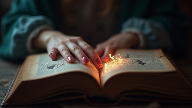 Eine ruhige weibliche Hand, die ein Buch mit Sternzeichen symbolisiert, umgeben von einem sanften Leuchten.