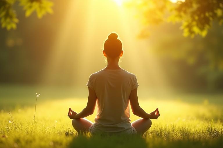 Eine Person meditiert friedlich in einer ruhigen, natürlichen Umgebung, mit warmem, diffusem Licht. Ruhige Stimmung.